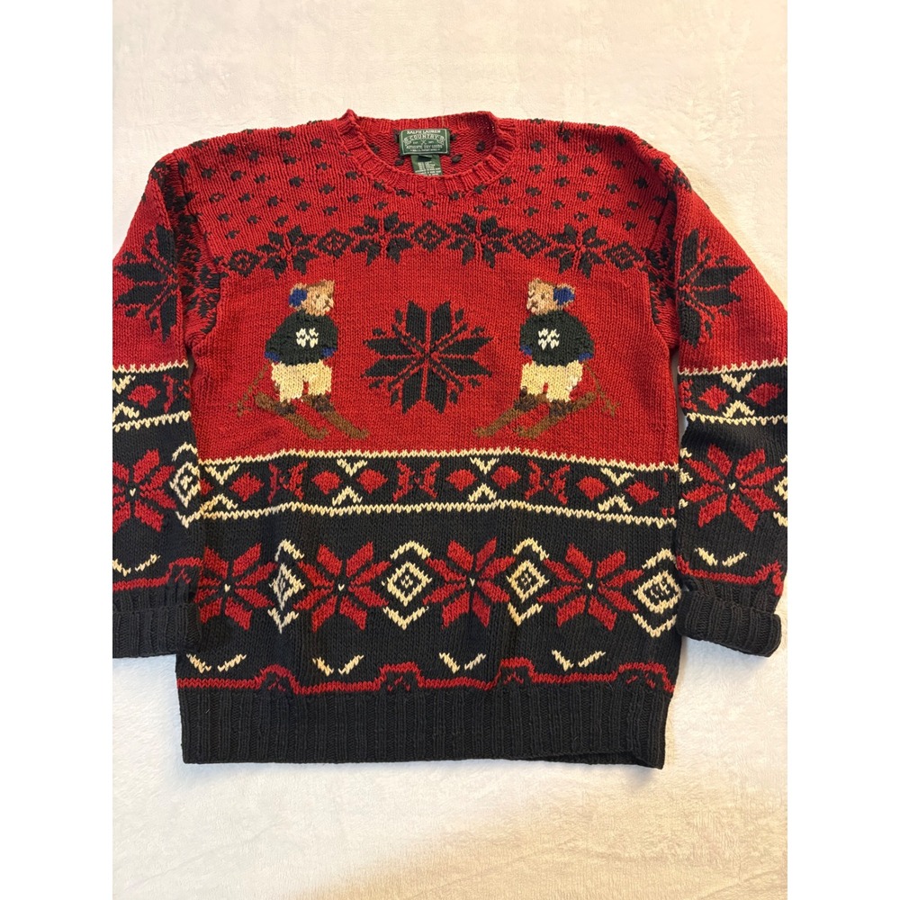 Ralph Lauren Country Polo Bear‎ Skiing Sweater Red Black Vtg Mens Small